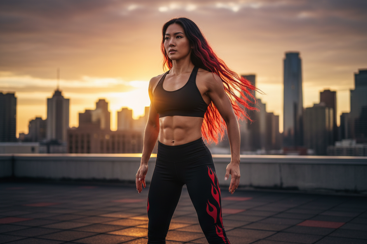 Asian woman 28 years old, fitness fanatic, thin, glowing black and red hair