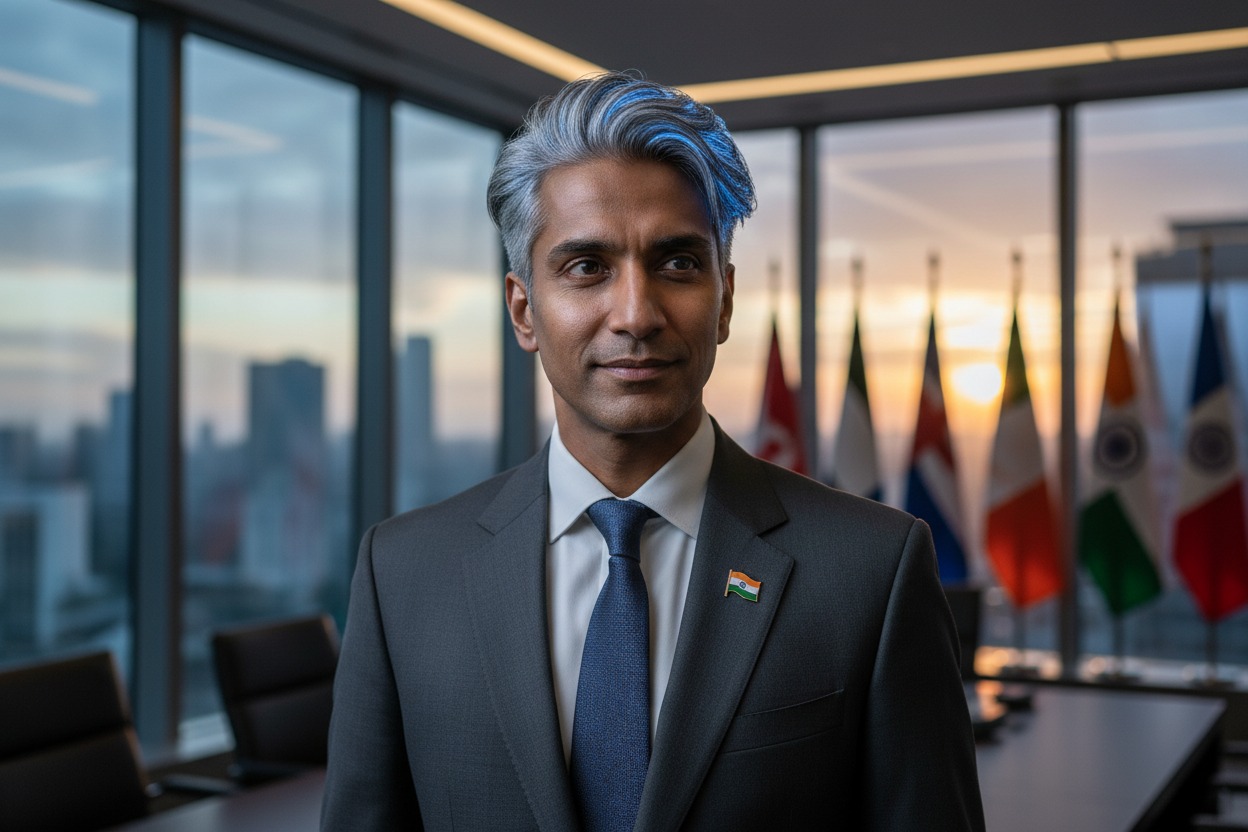 Indian diplomat 42 years old, thin, glowing silver and blue hair