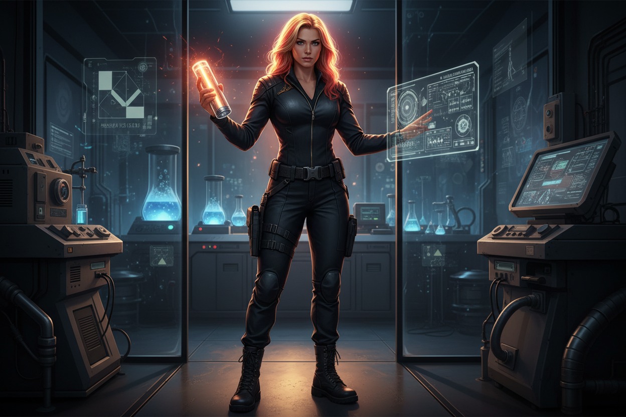 American woman, Military black clothing, scientist, 38 years old, gym girl, thin, glowing gold and red hair